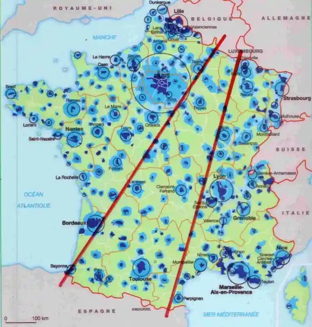 r/MapPorn - The so-called "Empty Diagonal" of France, a sudden area of very low density that bisects the French heartland. Reasons include distance from ports, lack of industrial resources, and French population stagnation in the 19th century (a demographic curiosity still the subject of much…