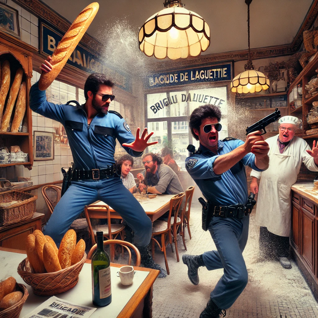 An action-packed 80s buddy cop scene in a small Parisian boulangerie where two uniformed officers from the fictional 'Brigade de la Baguette' are conducting a high-energy raid. The officers, one holding a baguette like a weapon, the other sliding across the counter with exaggerated style, are in full action mode. The baker is dramatically caught mid-flour toss, while customers duck for cover in the chaos. The bakery is a blend of traditional French decor and over-the-top action, with the officers' exaggerated poses and intense expressions reflecting the vibe of an 80s cop movie.